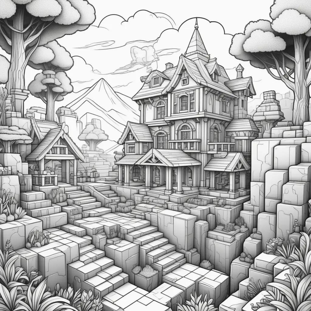 Minecraftのぬりえは家と山を示しています