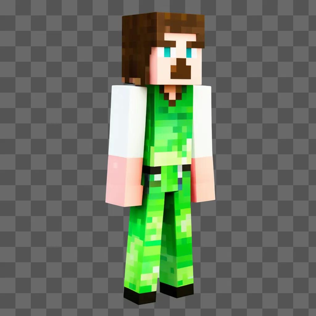 Minecraft character in green camo stands in the middle of a green background