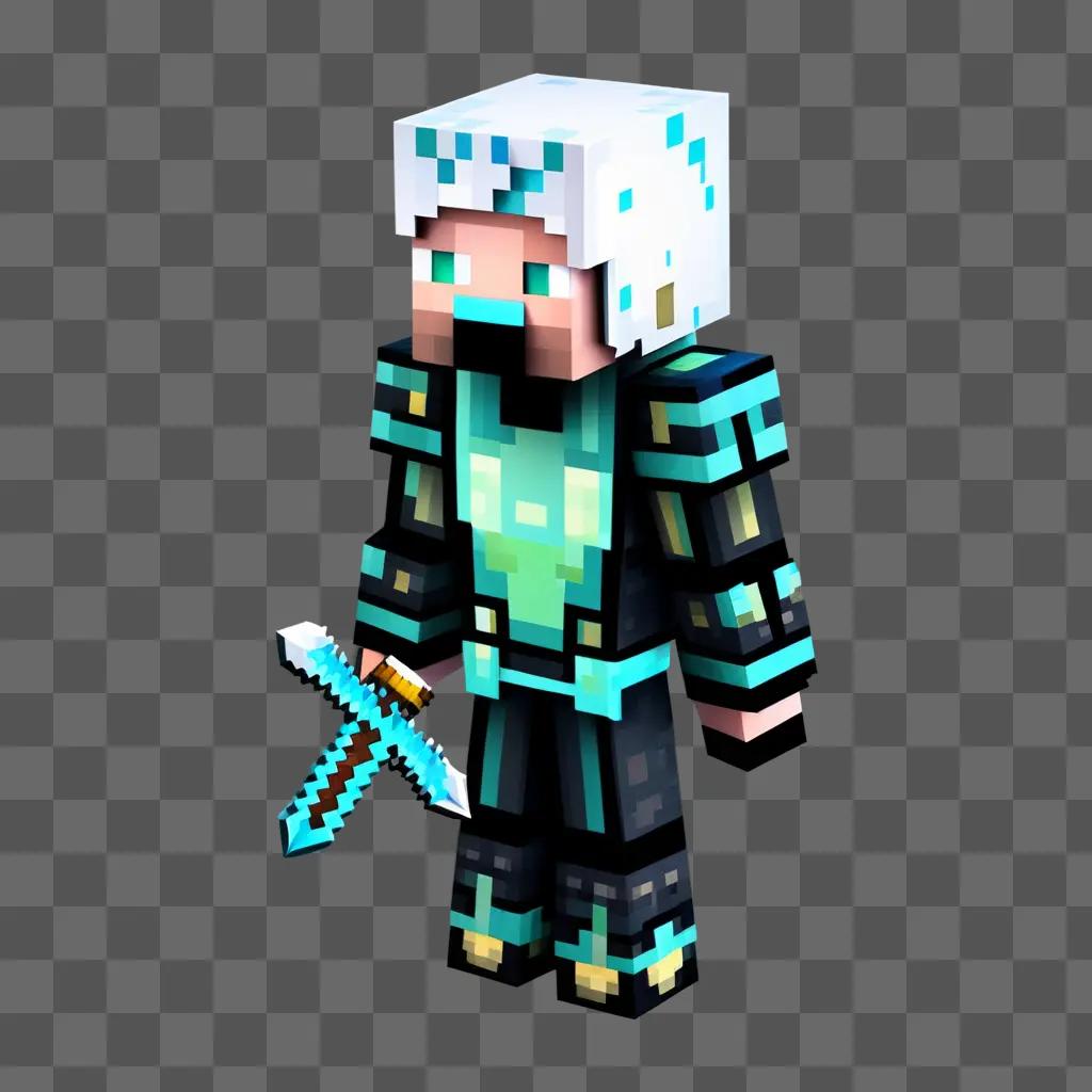 Minecraft character with sword and helmet in a dark background