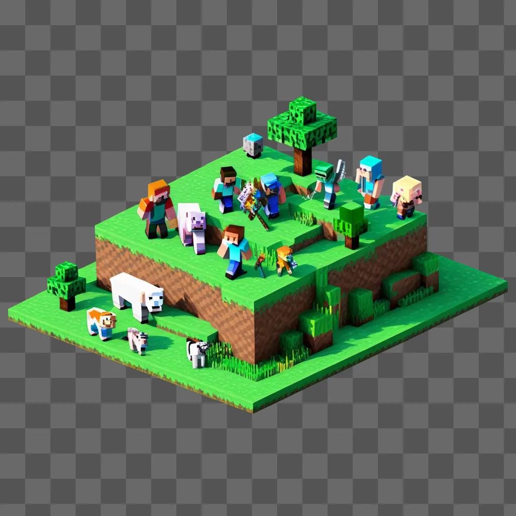 Minecraft characters stand on a grassy, green terrain