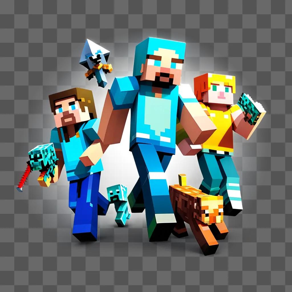 Minecraft characters walk together in a team