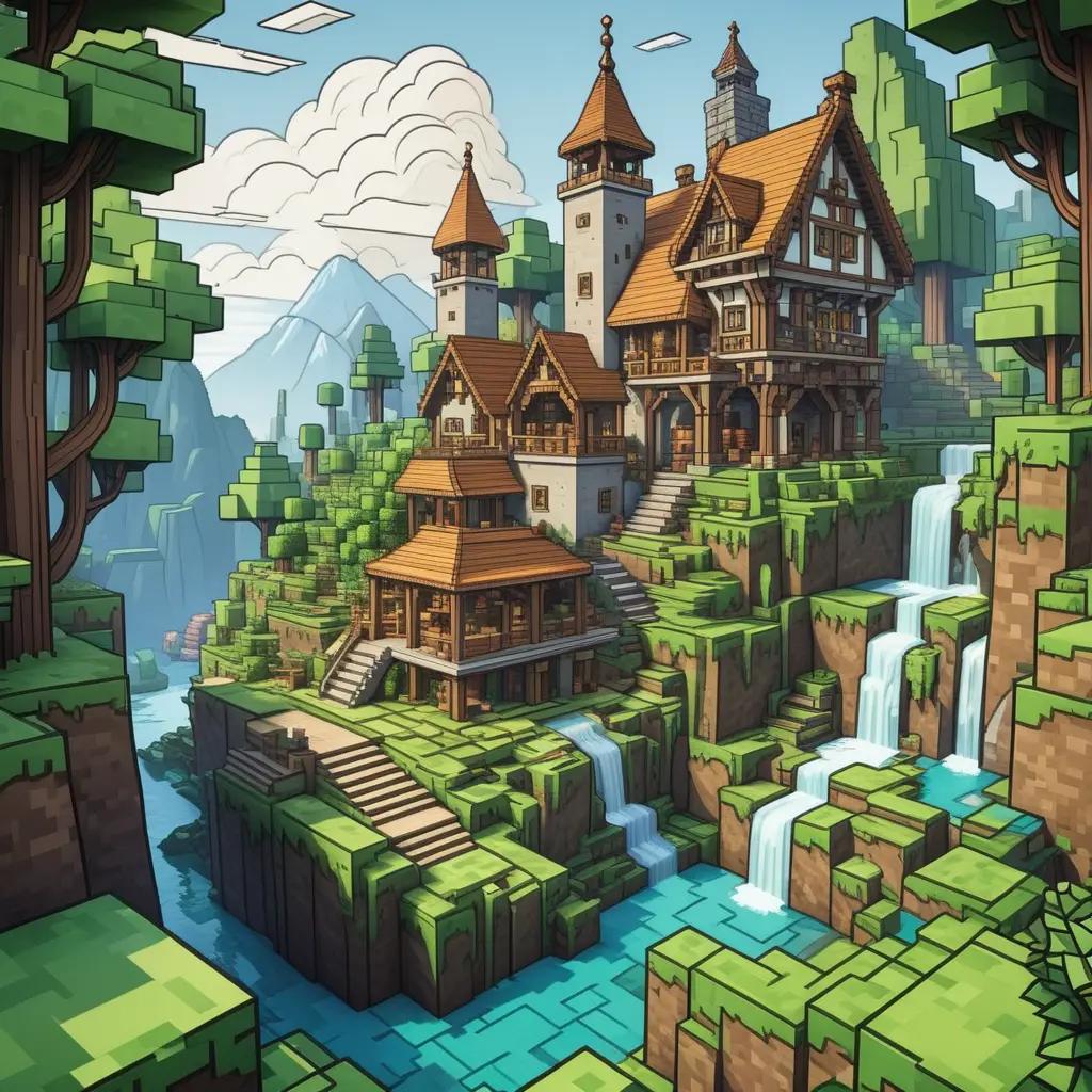 Minecraftのカラーページには、山の湖のシーンに城があります