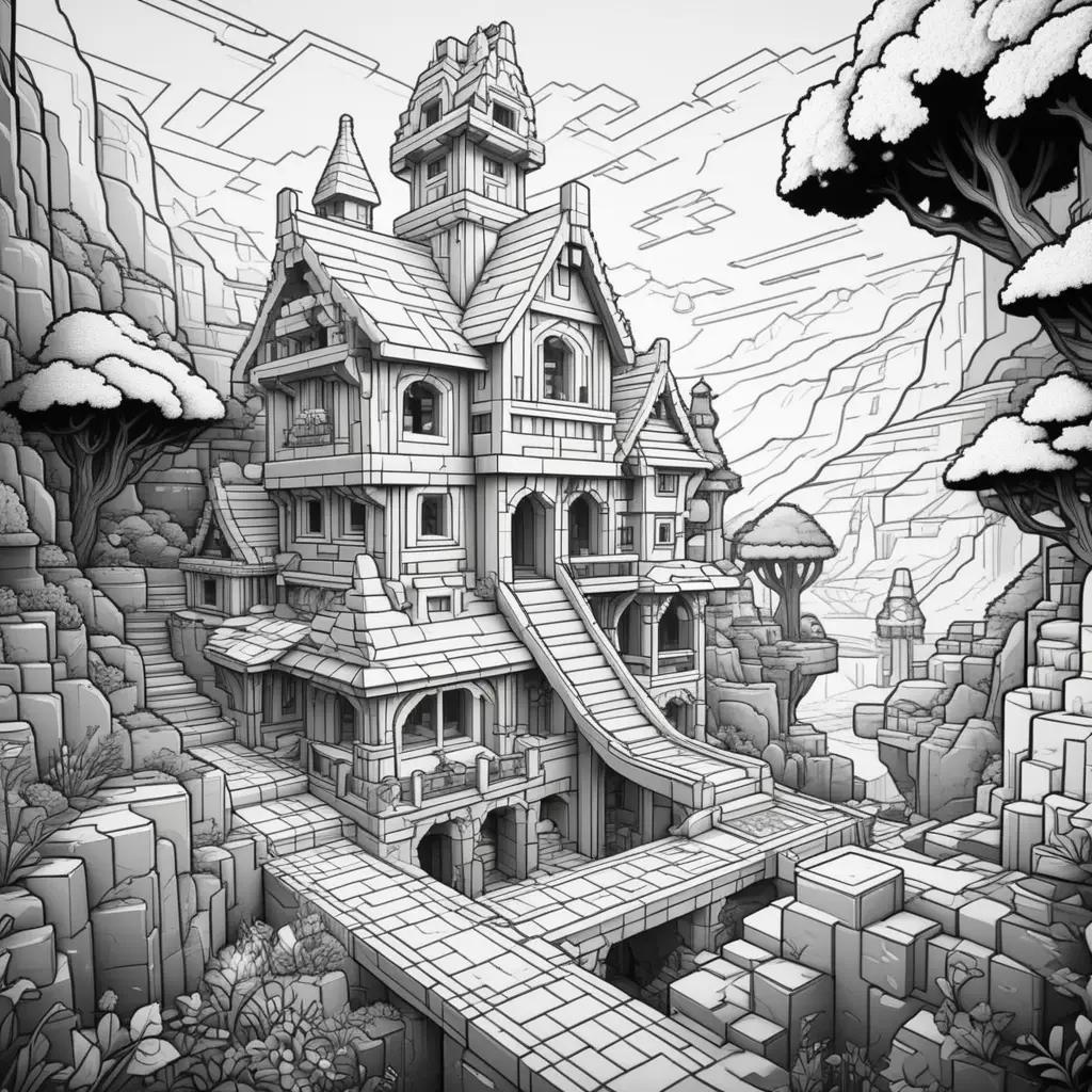 Minecraftのカラーページ:城の白黒の絵