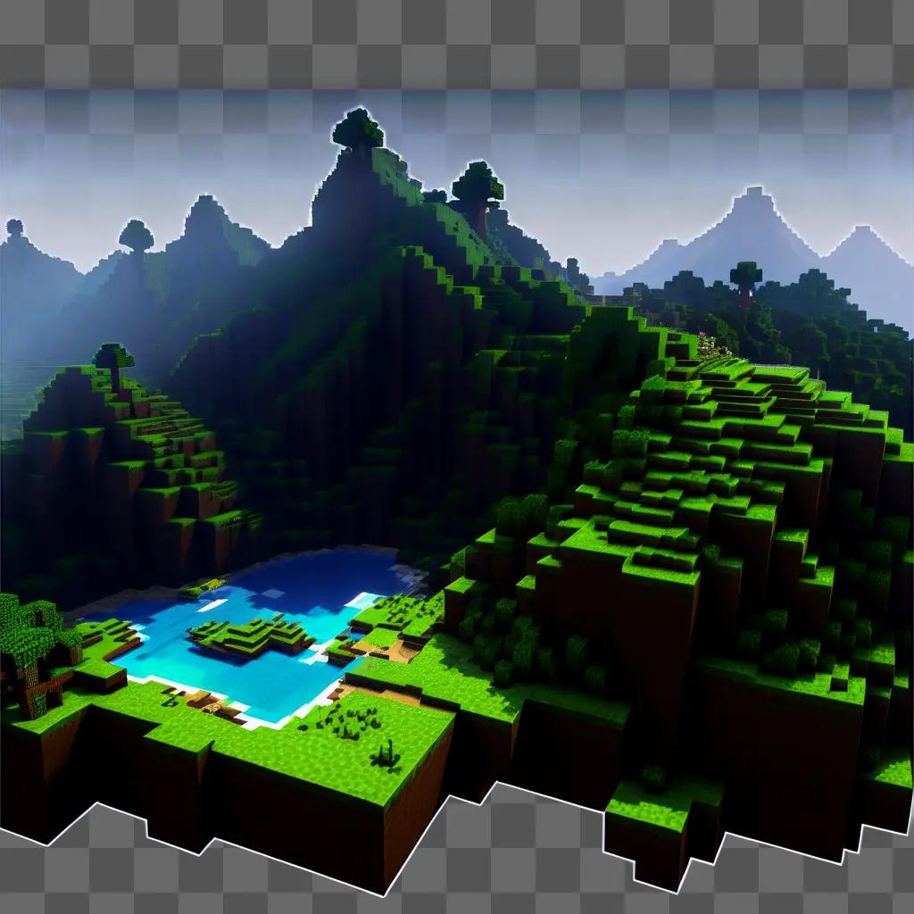 Minecraft scene with transparent mountains and water