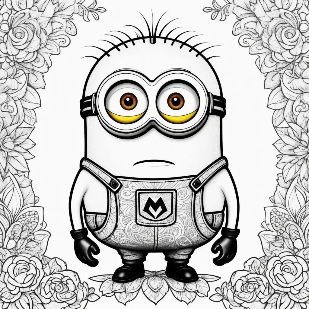 Minion Coloring Page with Flowers and Roses