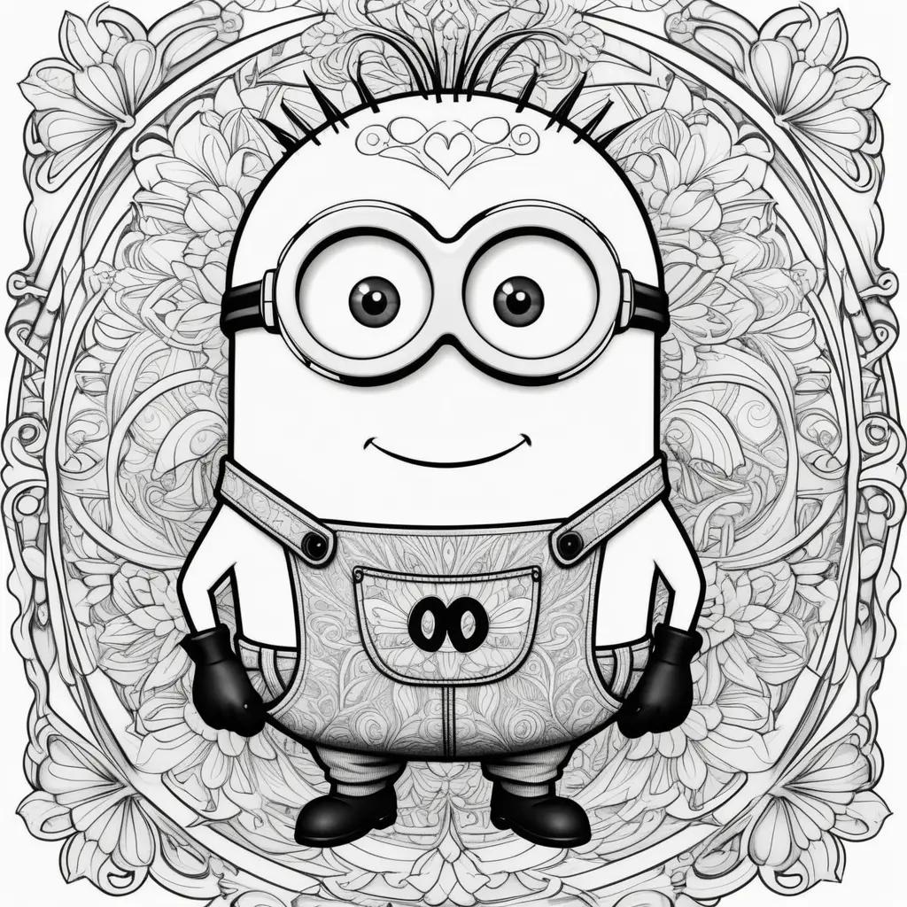 Minion coloring pages: a happy minion in a floral pattern