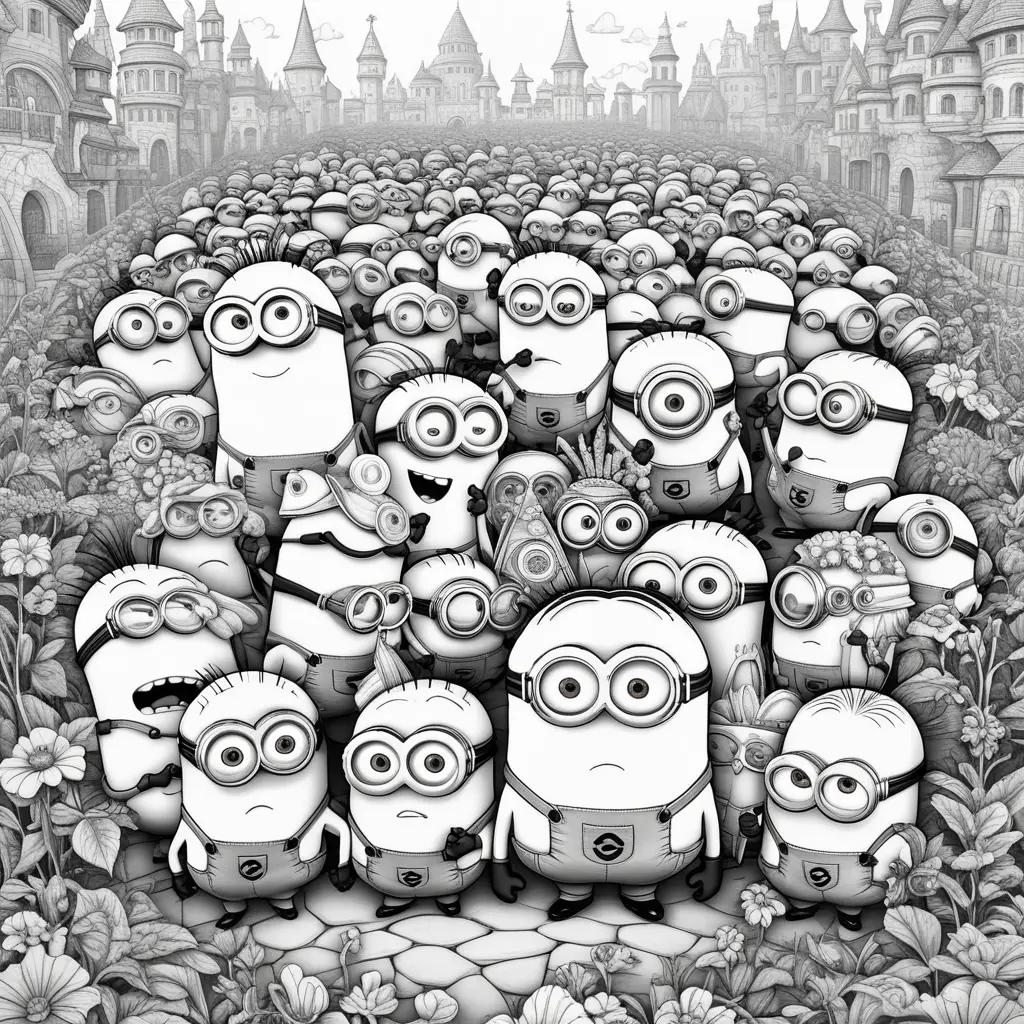 Minions Coloring Page: A Black and White Illustration of a Crowd of Minions