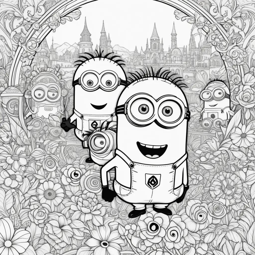 Minions Coloring Page with Floral Background