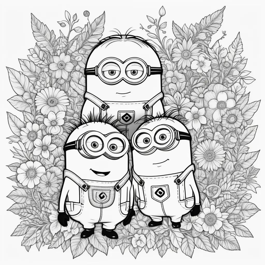 Minions Coloring Page with Flower Border