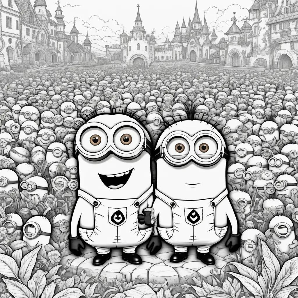 Minions coloring page with cartoon minions and castle