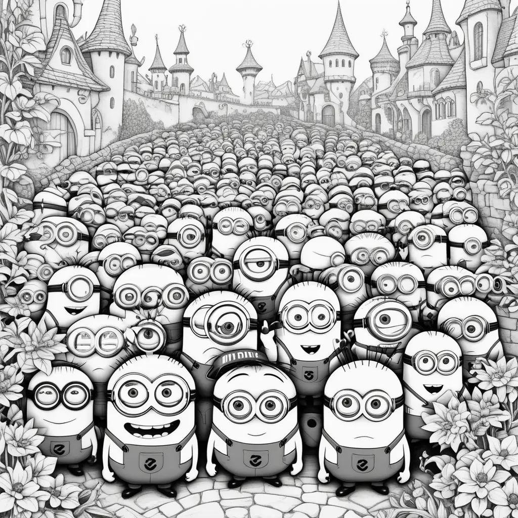 Minions coloring page with castle and flowers