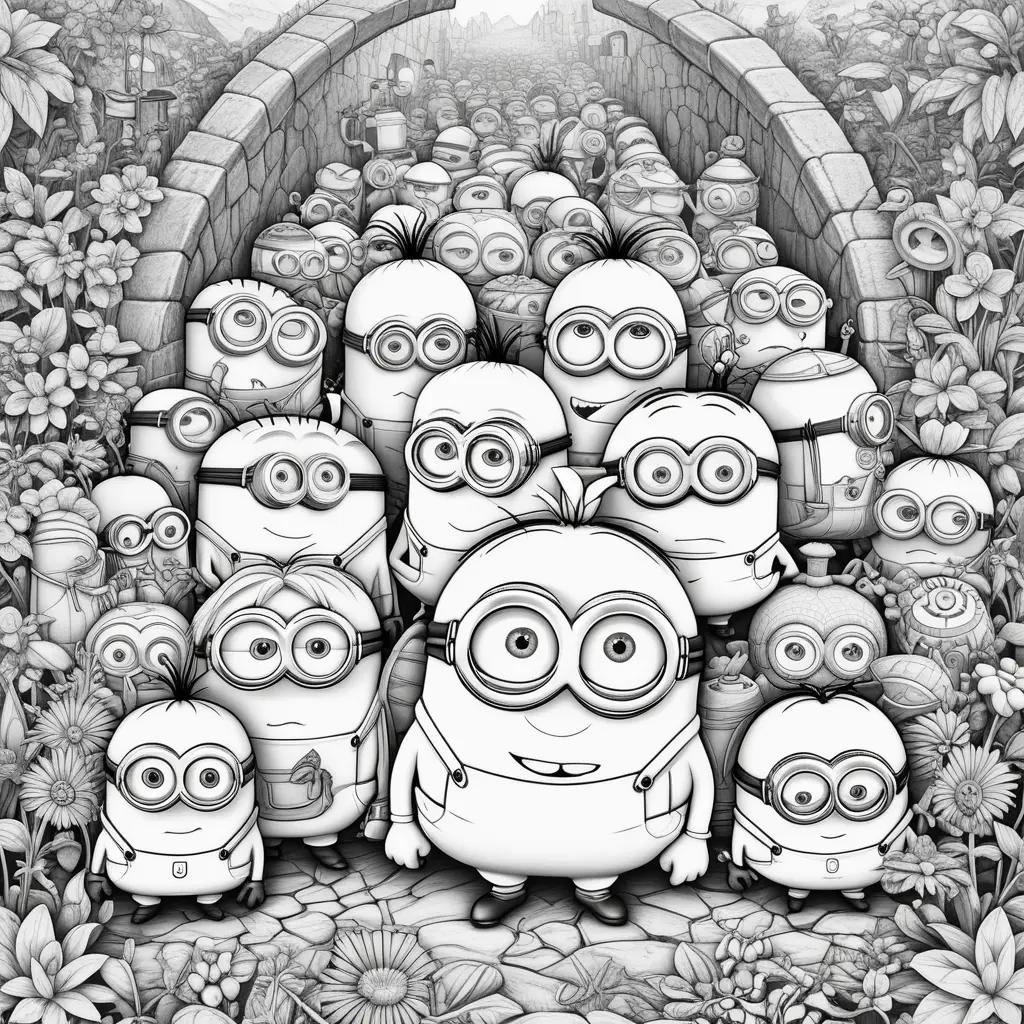 Minions coloring pages: A group of Minions gathered in a flower garden