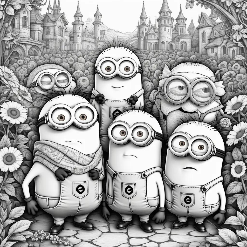 Minions coloring pages featuring a castle and a garden