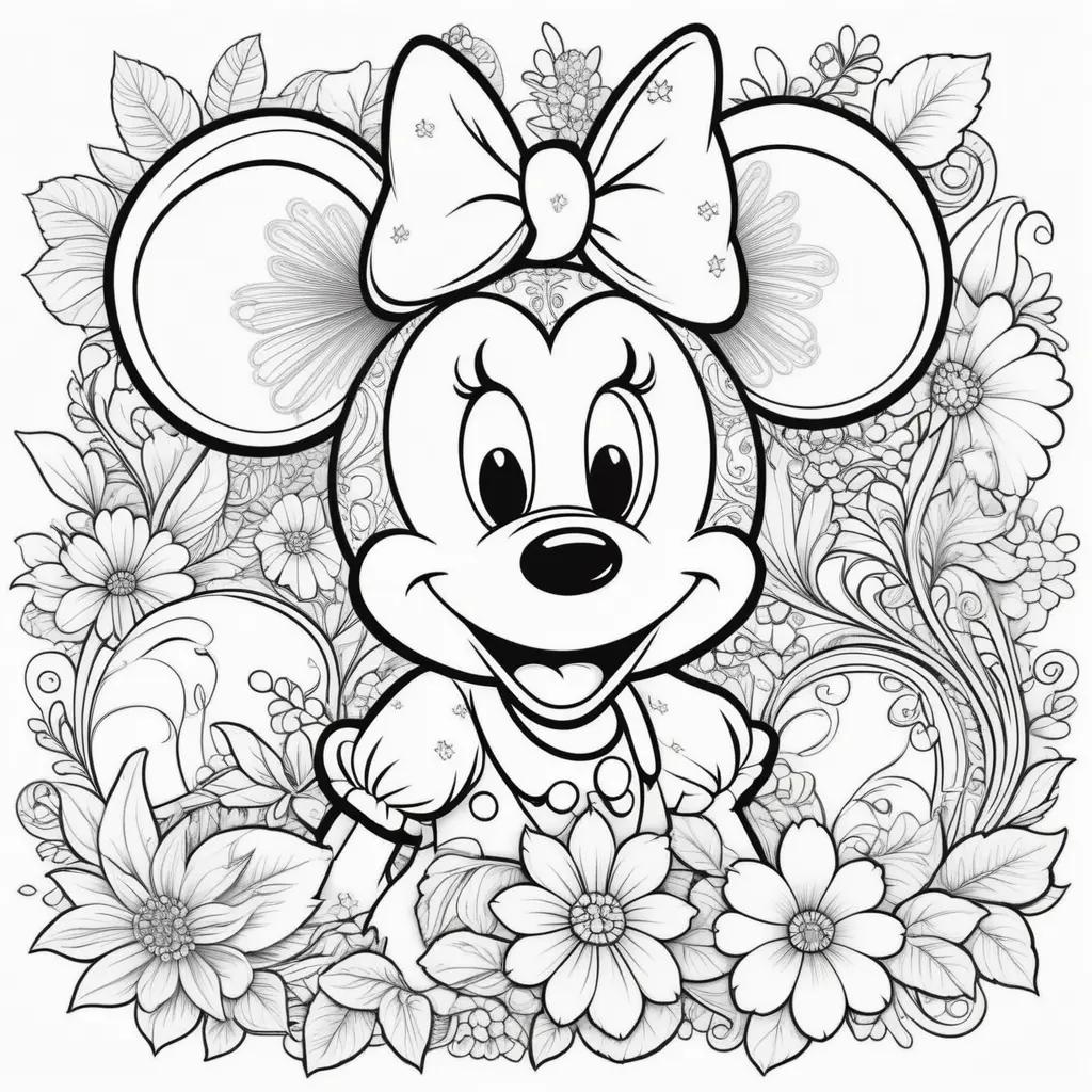 Minnie Mouse Coloring Page with a Bow and Flowers