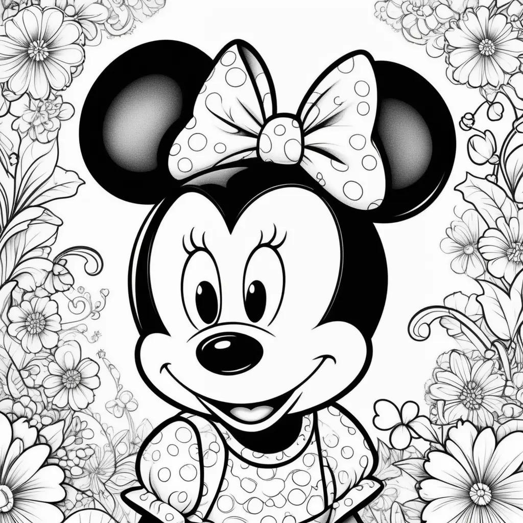 Minnie Mouse coloring page with a bow and flowers