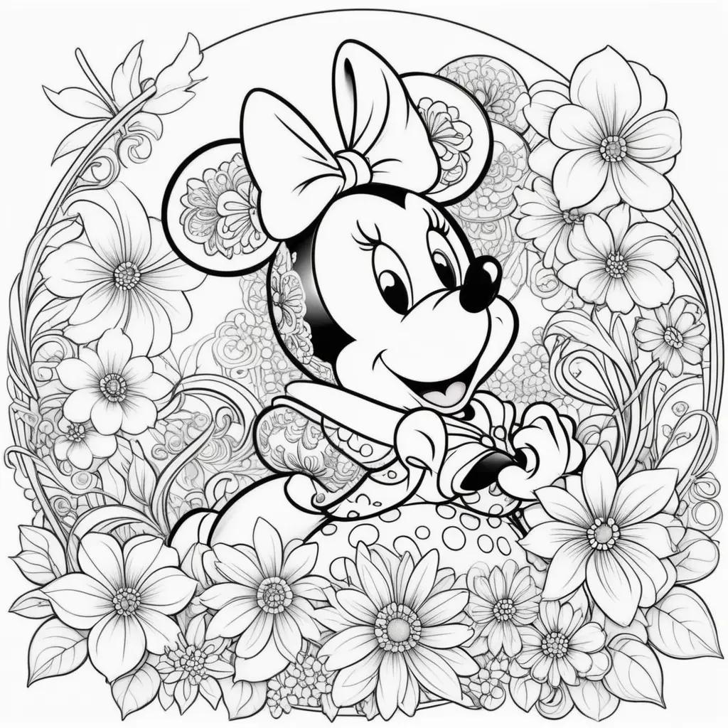 Minnie Mouse coloring page with a bow and flowers