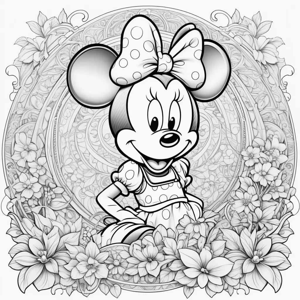 Minnie Mouse coloring page with a bow and flowers