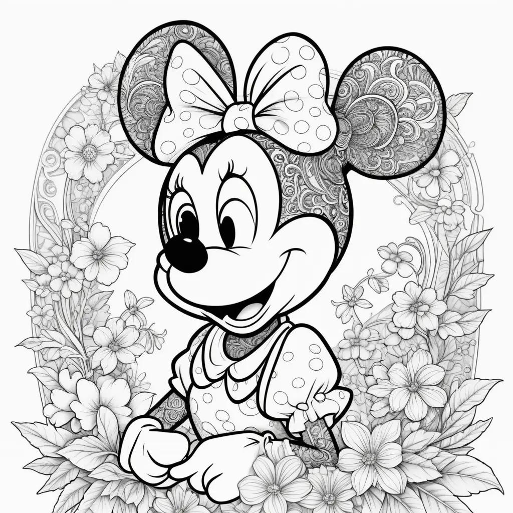 Minnie Mouse coloring pages with black and white flowers