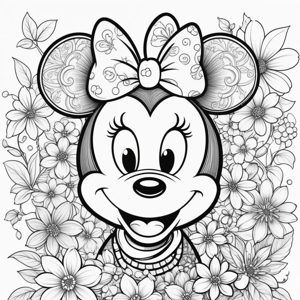 Minnie Mouse coloring pages with black and white flowers