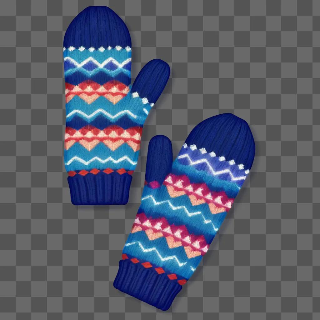 Mittens in a dark blue background with colorful patterns