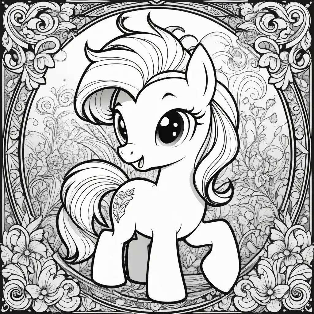 Mlp Coloring Pages: Pinkie Pie, black and white, ornate frame, floral design