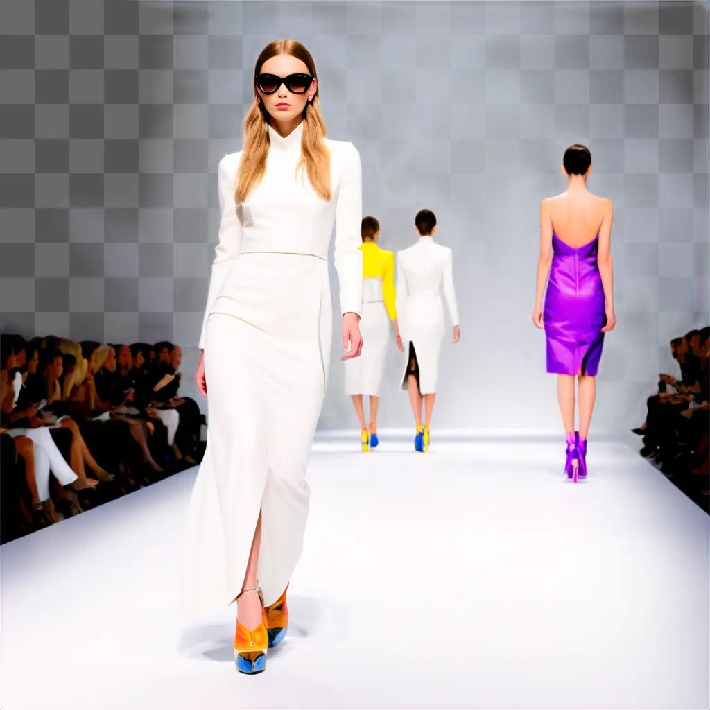 Model walking down a runway in a white dress