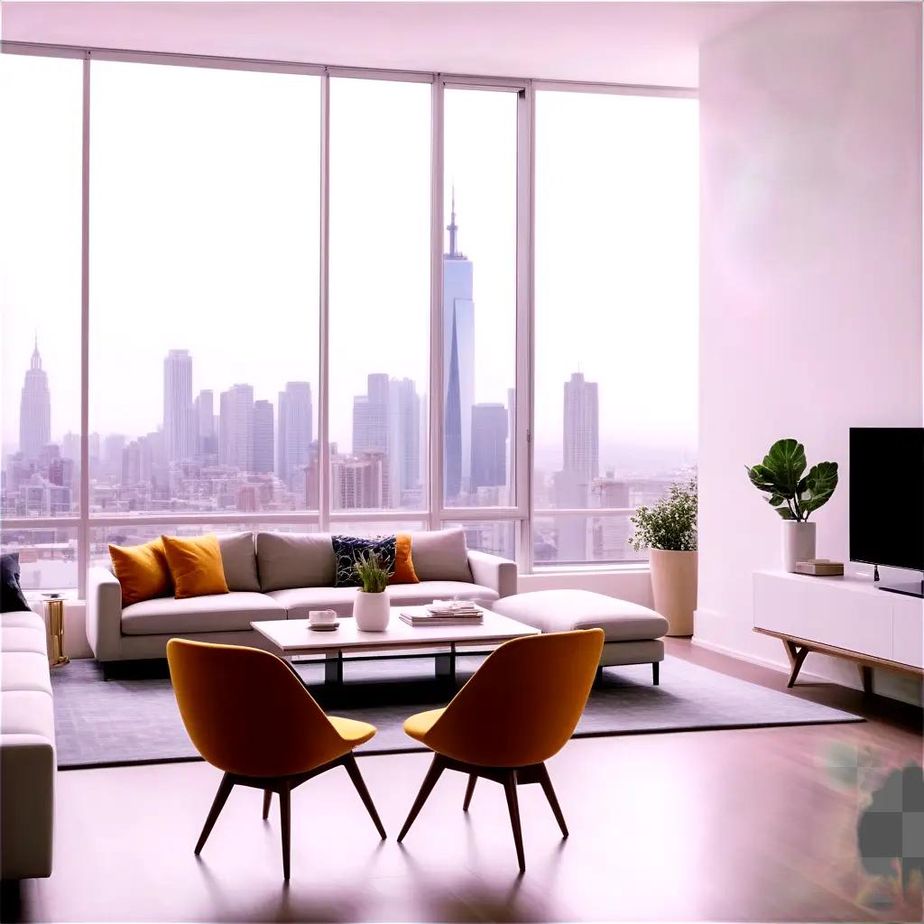 Modern apartment with city skyline in the distance