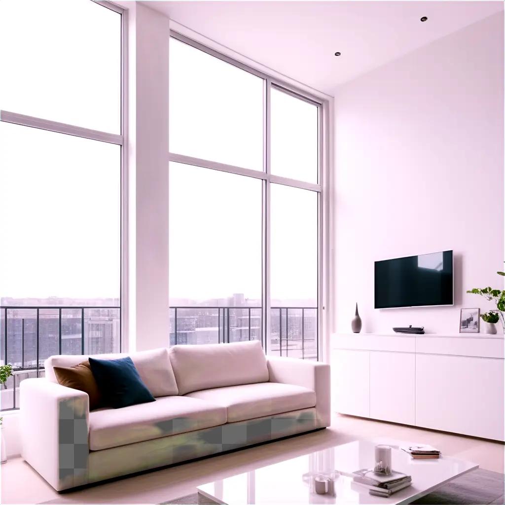 Modern apartment with large windows and a flat-screen TV