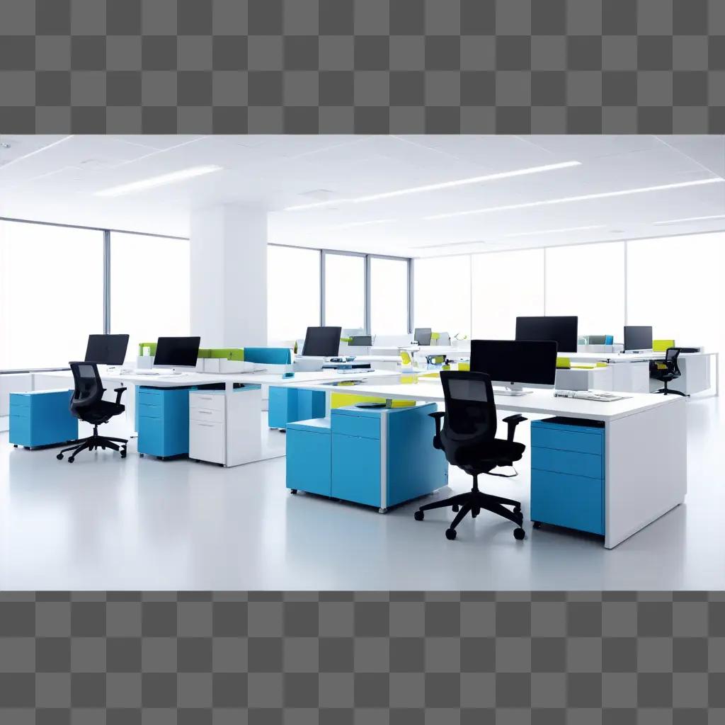 Modern office with white and blue furniture and desks