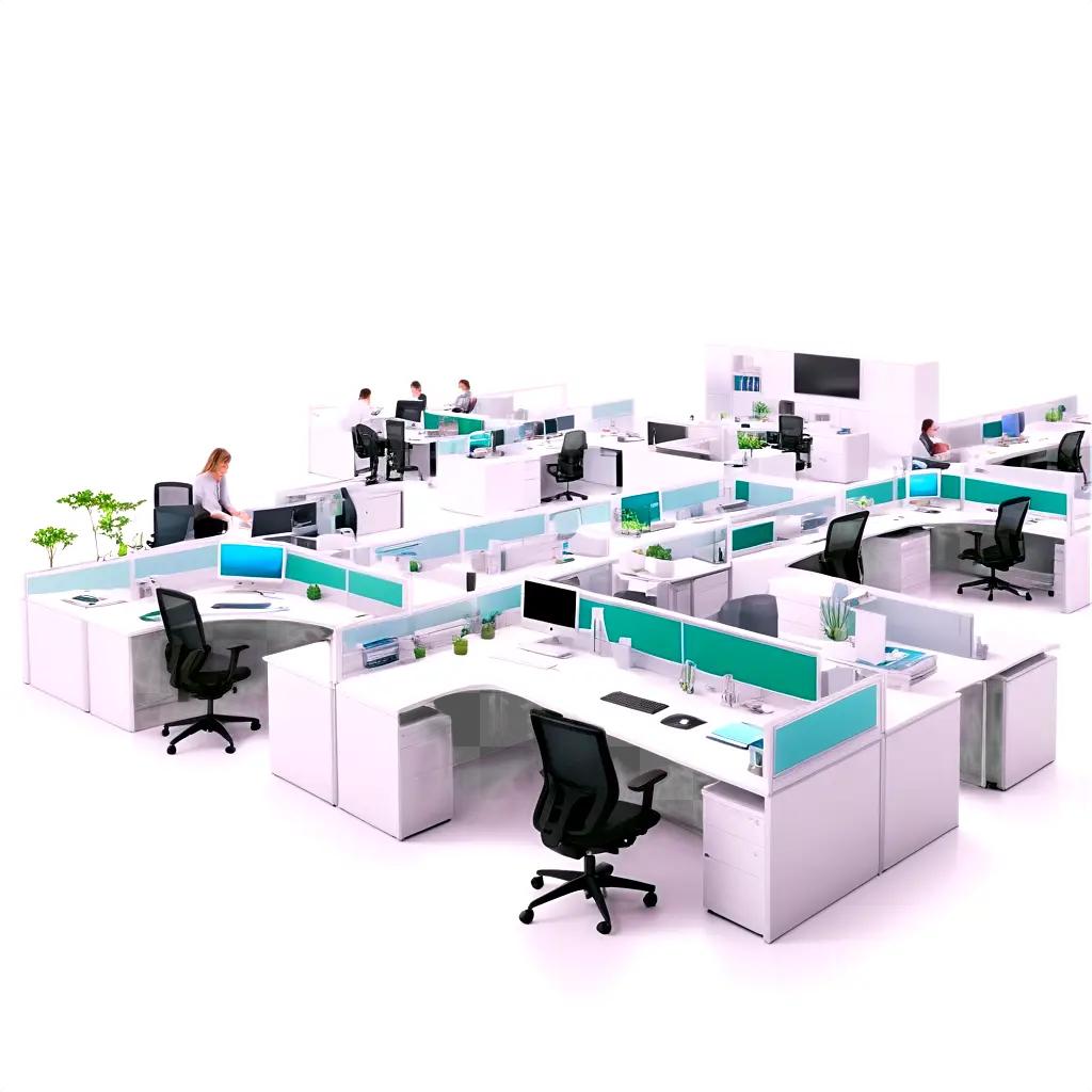 Modern office with white cubicles and green plants