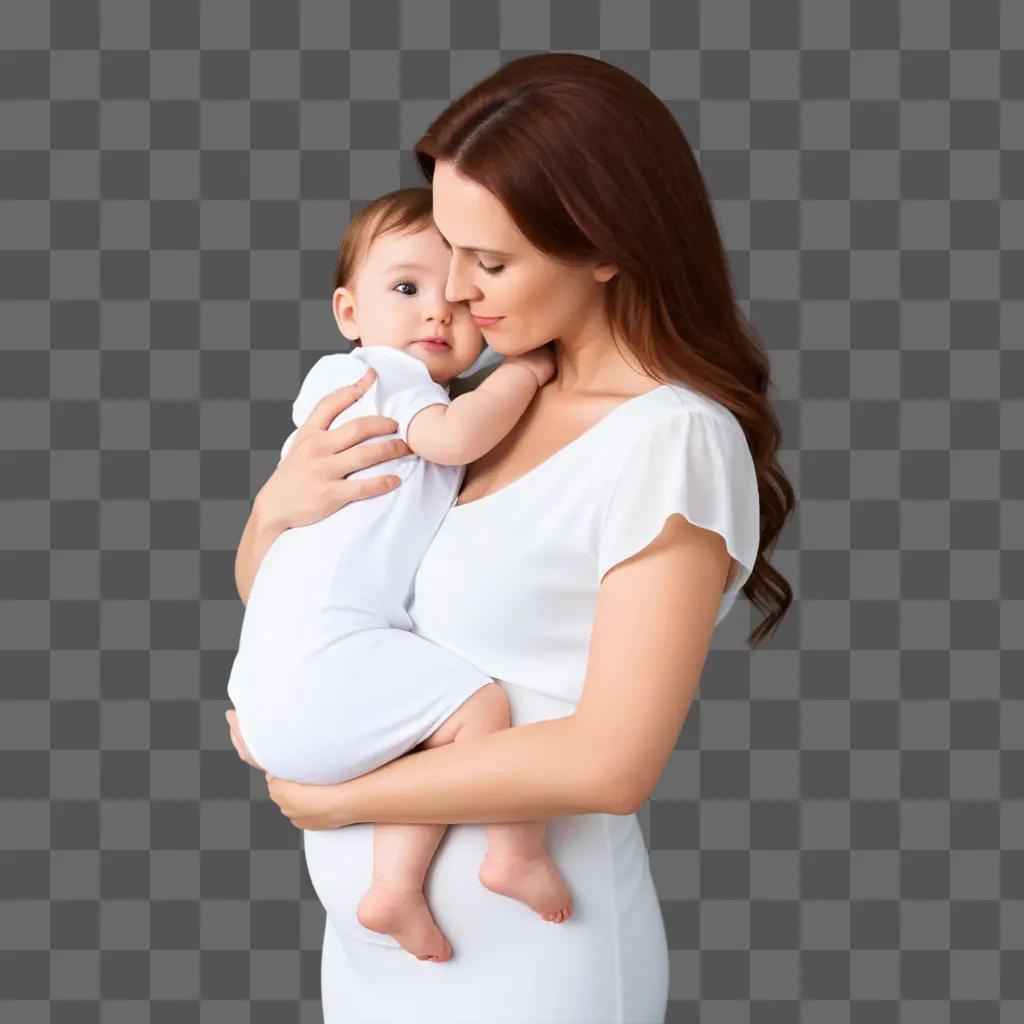 Mommy holding baby in a white dress