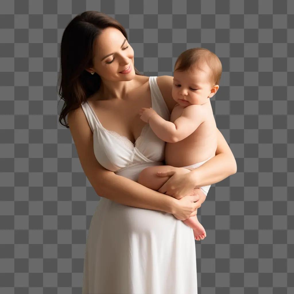 Mommy holds her baby in a white dress