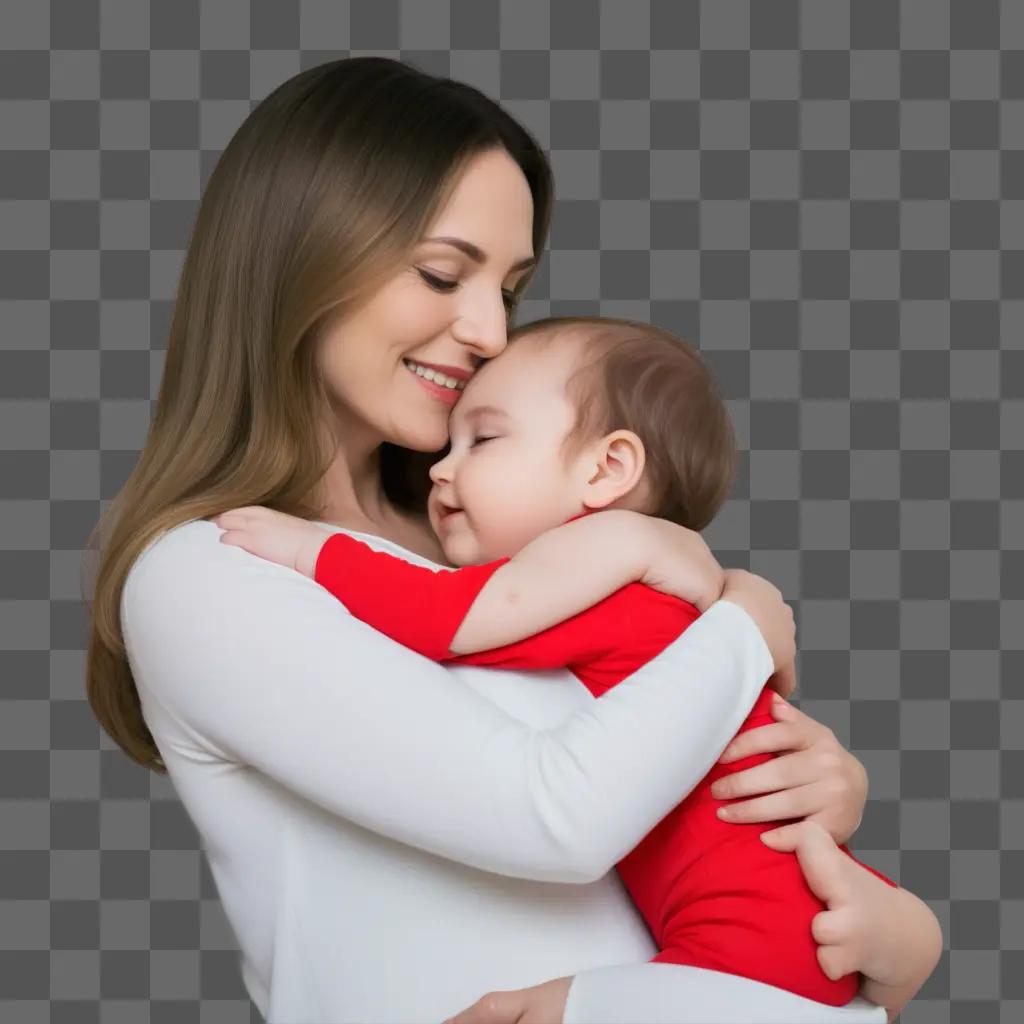 Mommy hugs her baby in a red shirt