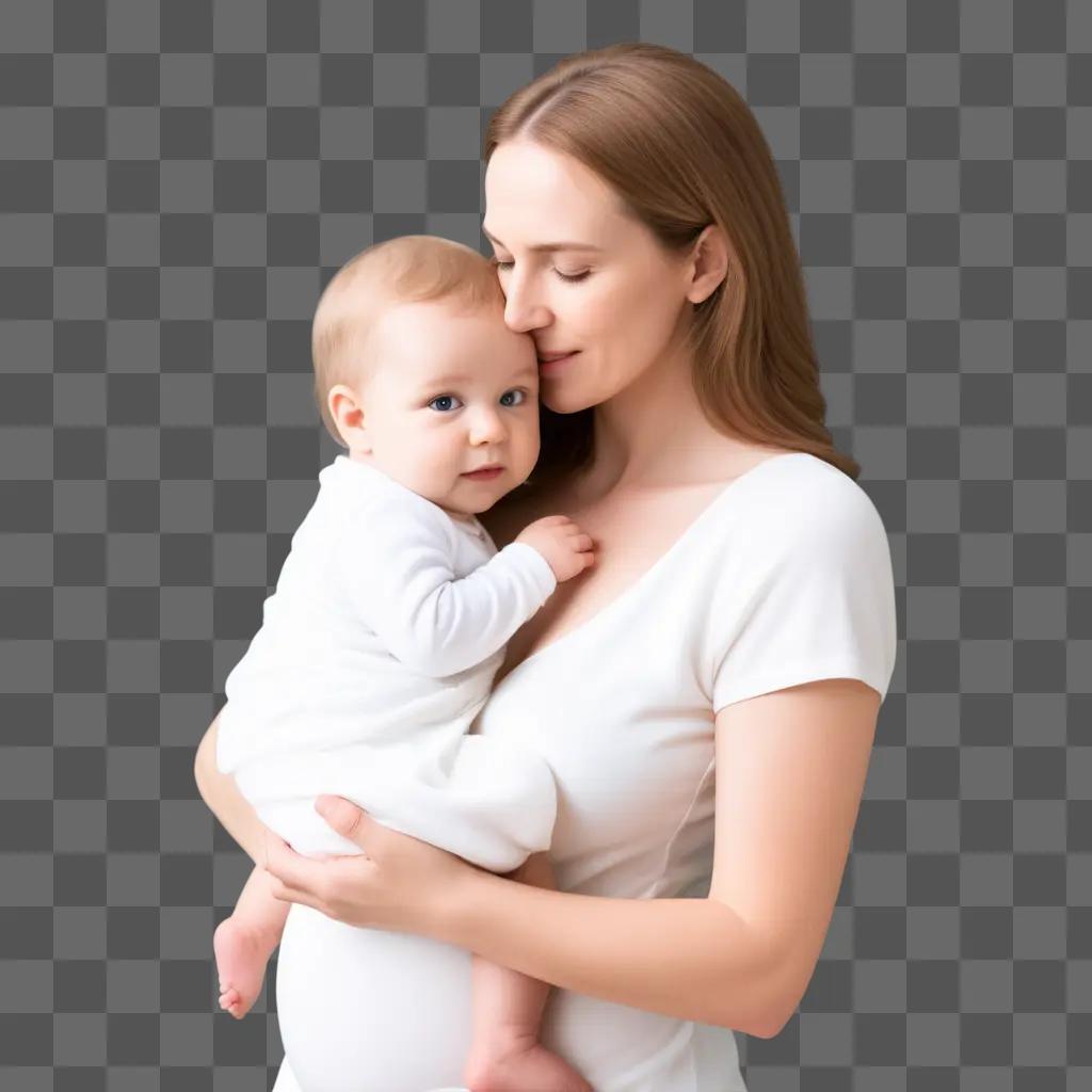 Mommy hugs her baby in a white outfit