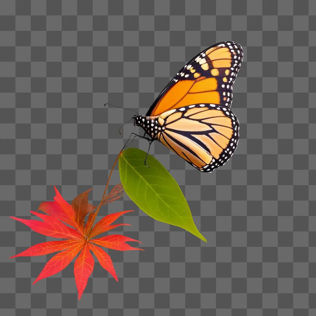 Monarch Butterfly sits on a leaf on a brown background