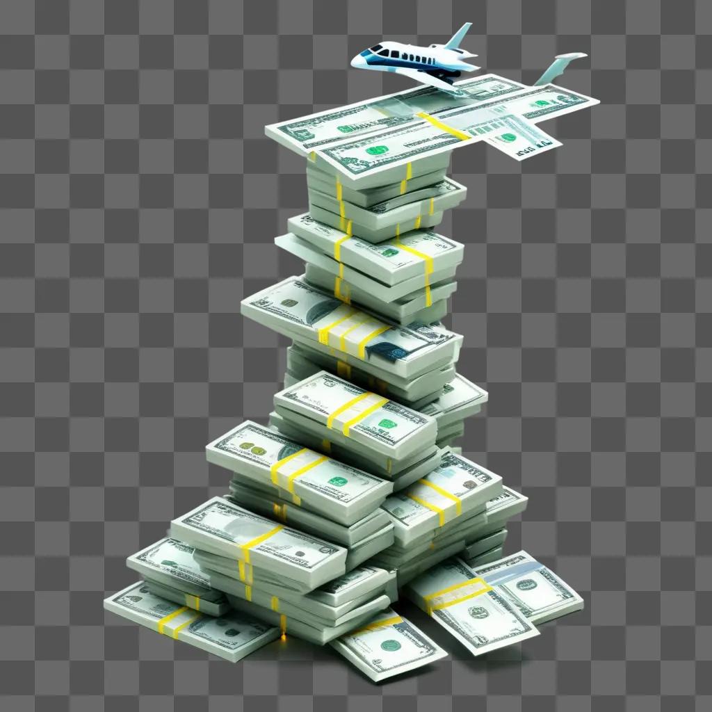 Money stack towering over airplane on a grey background