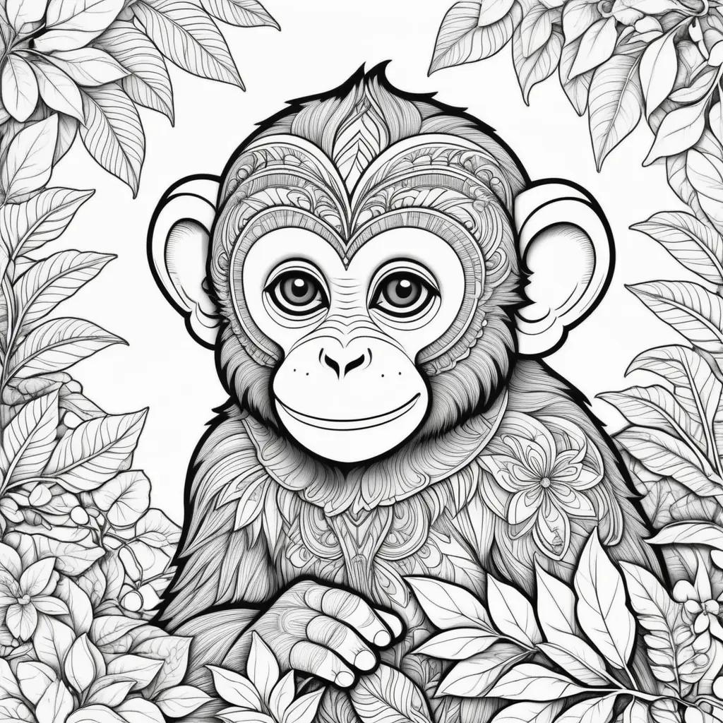 Monkey Coloring Page: An adorable monkey in black and white coloring page with intricate designs