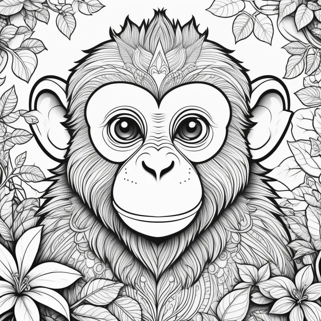 Monkey Coloring Page with Leaves and Flowers