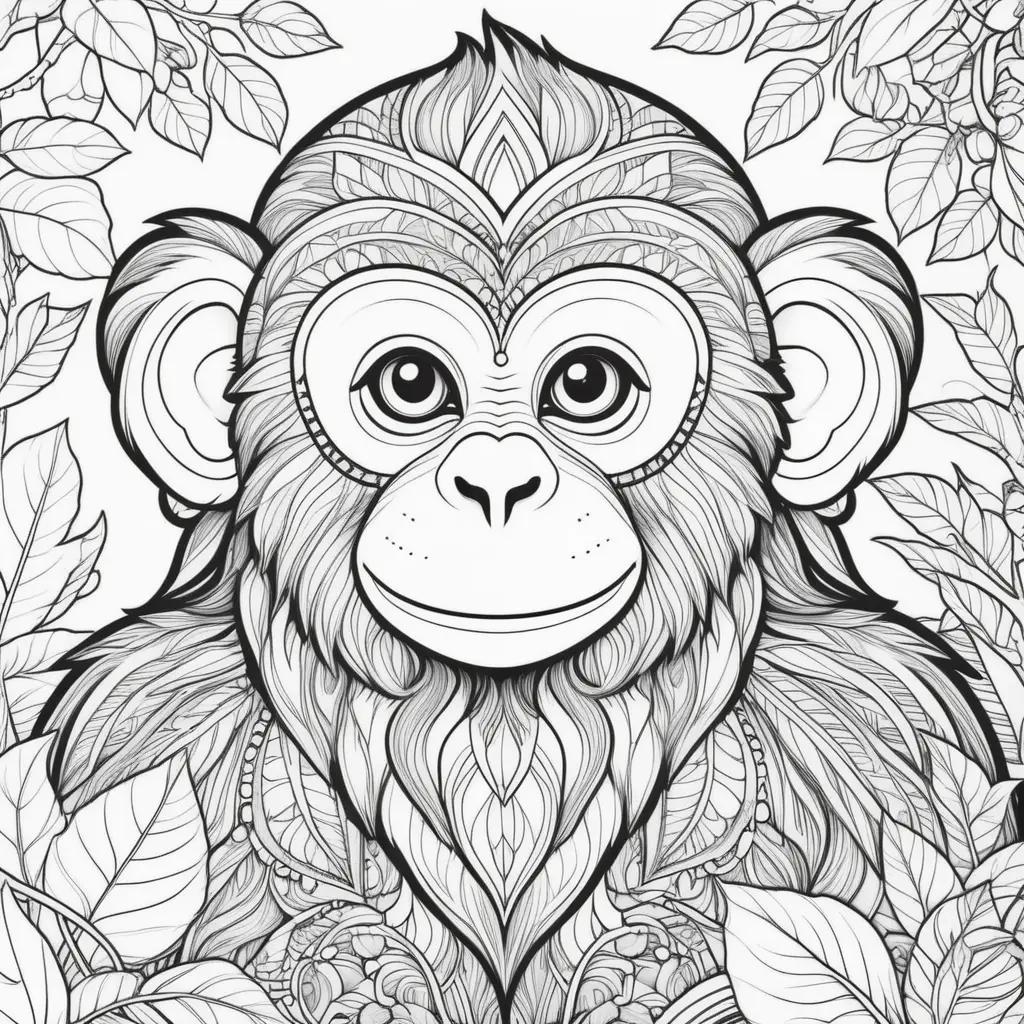 Monkey Coloring Page with intricate patterns and leaves