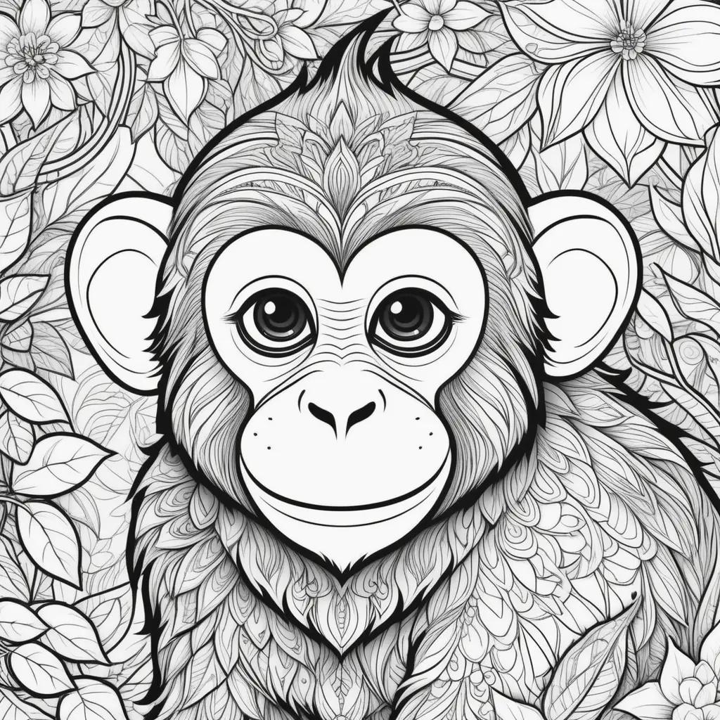 Monkey coloring page with a black and white design of leaves and flowers