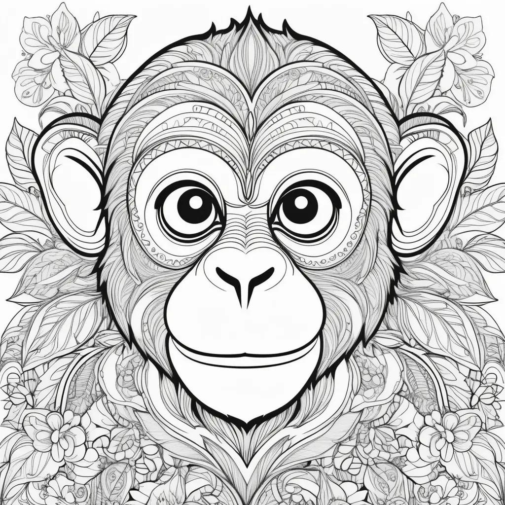 Monkey coloring page with floral patterns and a large eye