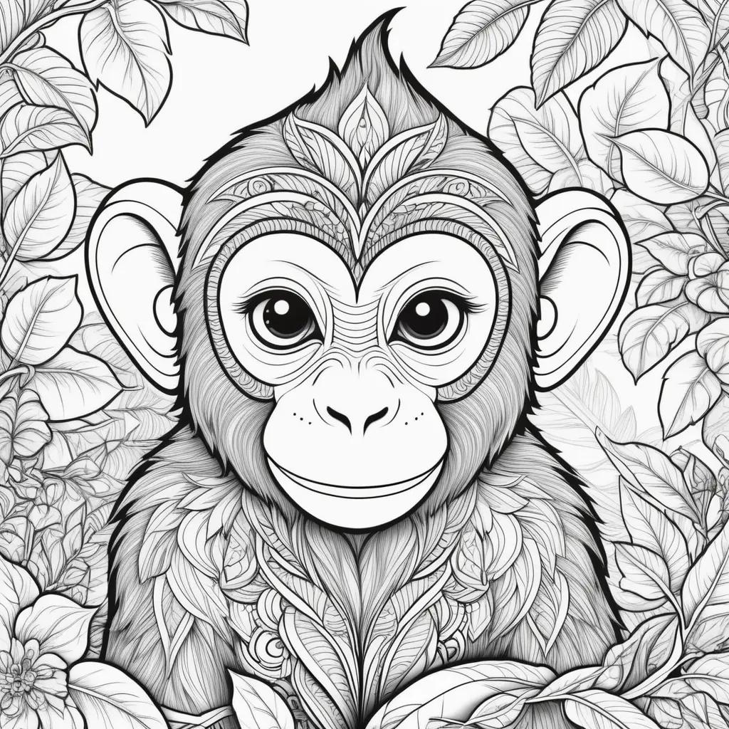 Monkey coloring page with intricate designs in black and white