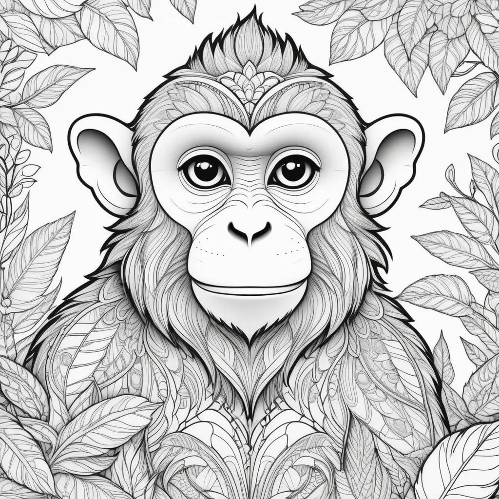 Monkey coloring page with intricate details and leafy background