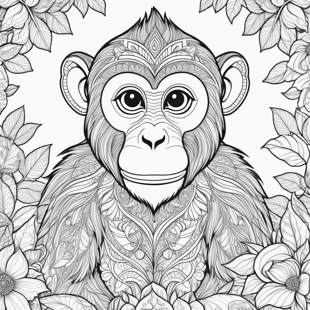 Monkey coloring page with intricate patterns and leaves