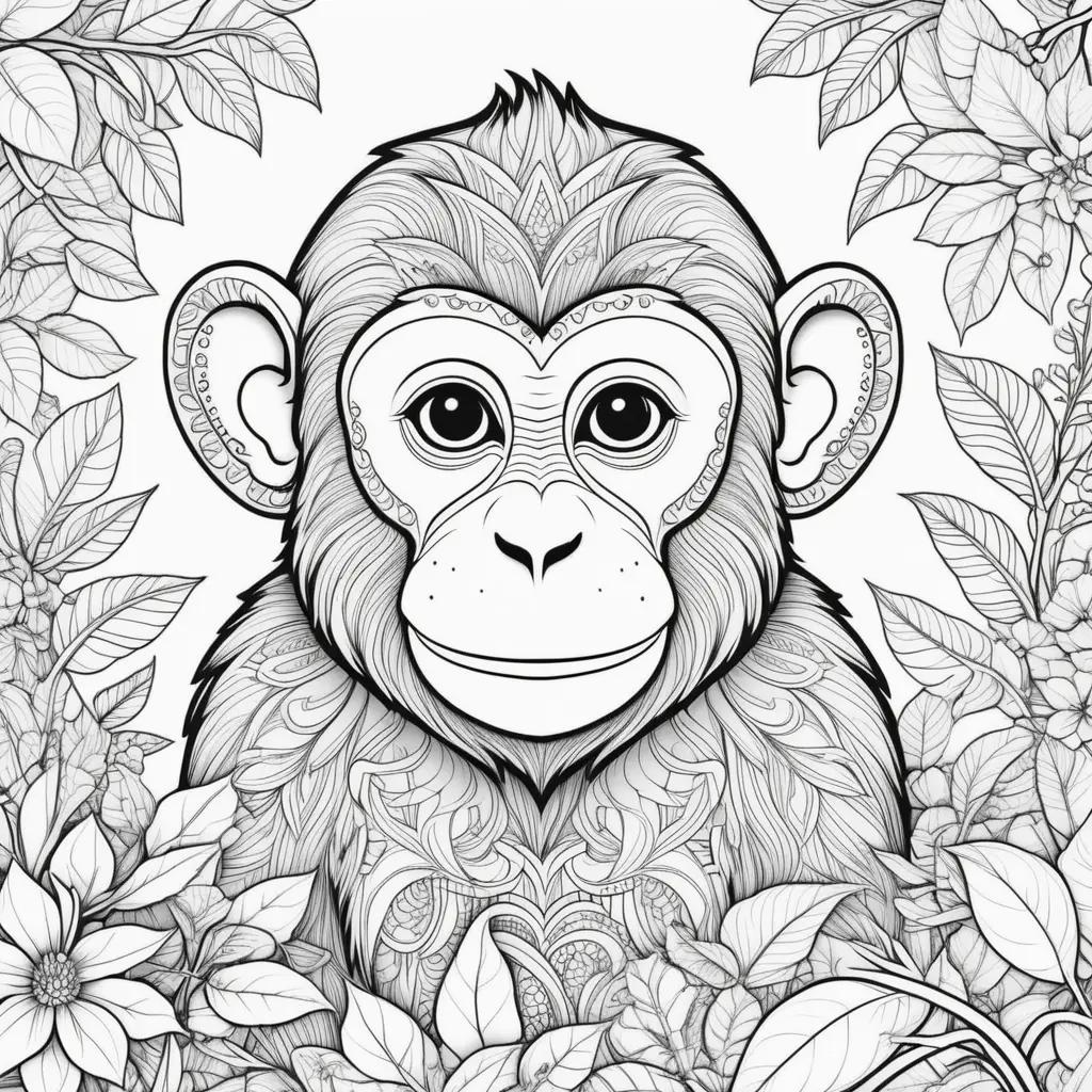 Monkey coloring page with leaves and flowers