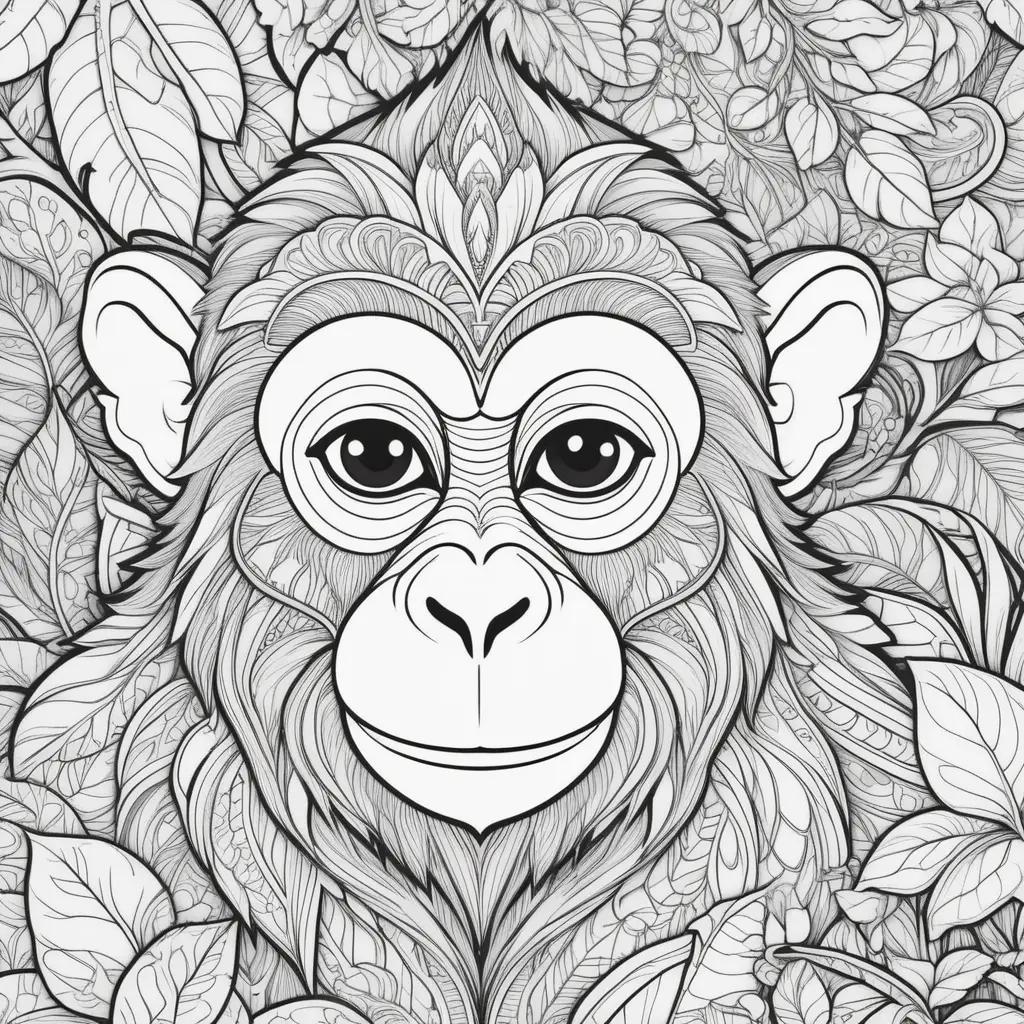 Monkey coloring page with leaves in black and white