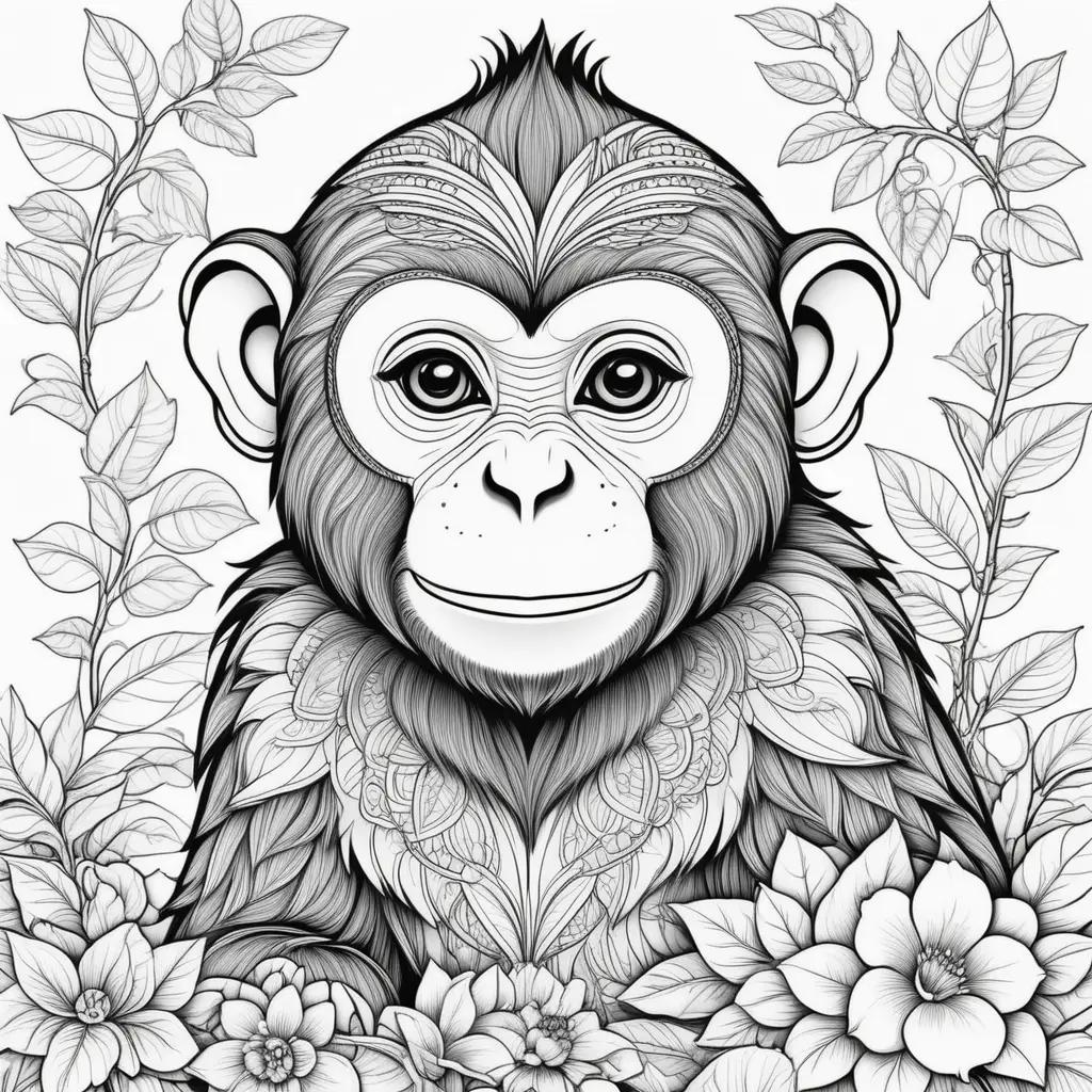 Monkey coloring pages: A cute monkey with a flower background