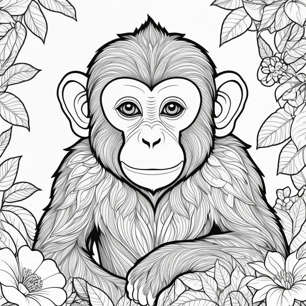 Monkey coloring pages with a face and leafy background