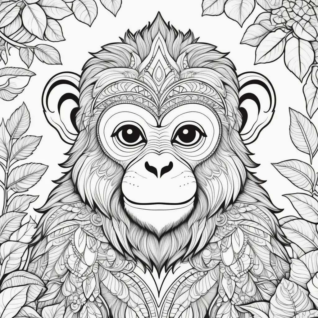 Monkey coloring pages with intricate designs and leaves