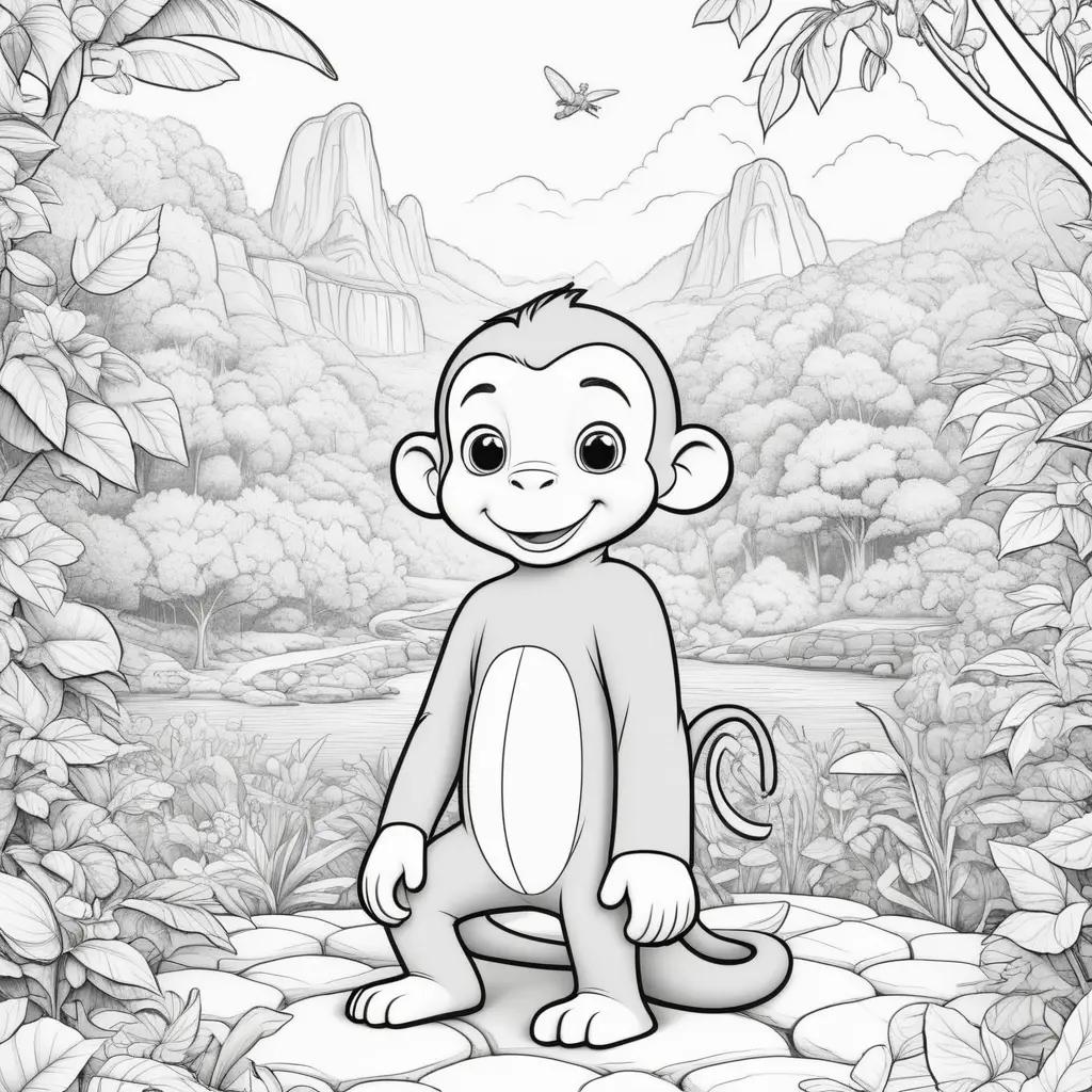 Monkey curiously stares at bird in black and white coloring pages